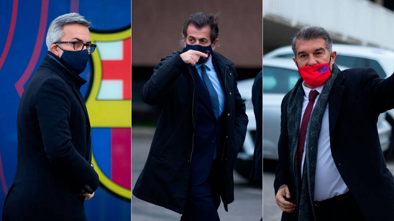 Los tres candidatos a la presidencia del FC Barcelona, Víctor Font (i), Toni Freixa (c) y Joan Laporta (d)