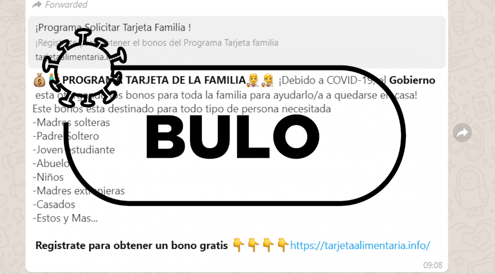 Captura del mensaje de Whatsapp que invita a registrarte para una tarjeta de familia con sello de bulo.