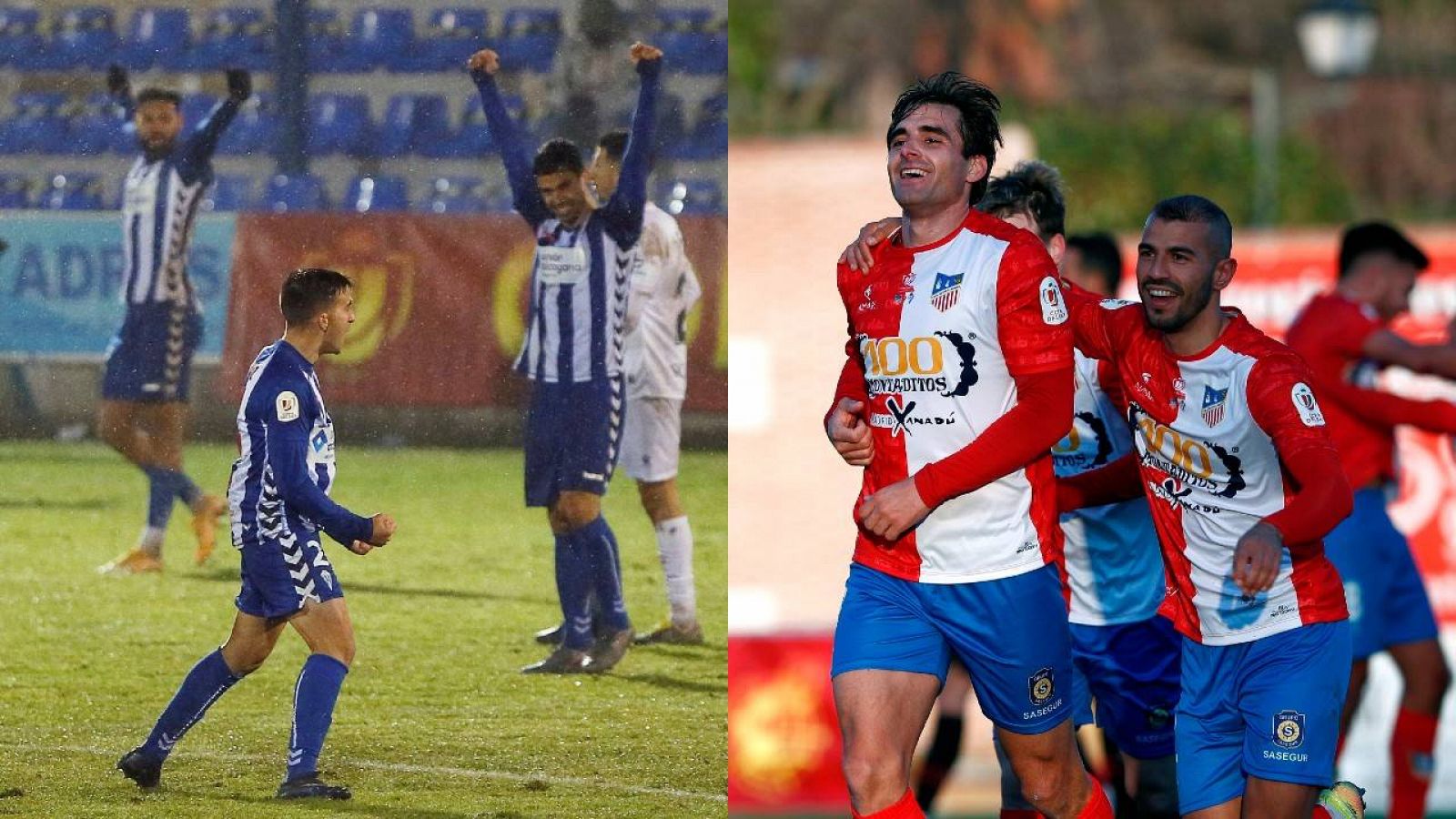 Los jugadores del Alcoyano (i) y los del Navalcarnero (d) celebran el pase a octavos de la Copa del Rey