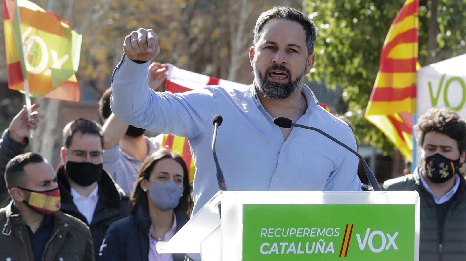 El presidente de Vox, Santiago Abascal, durante un acto electoral en Barcelona