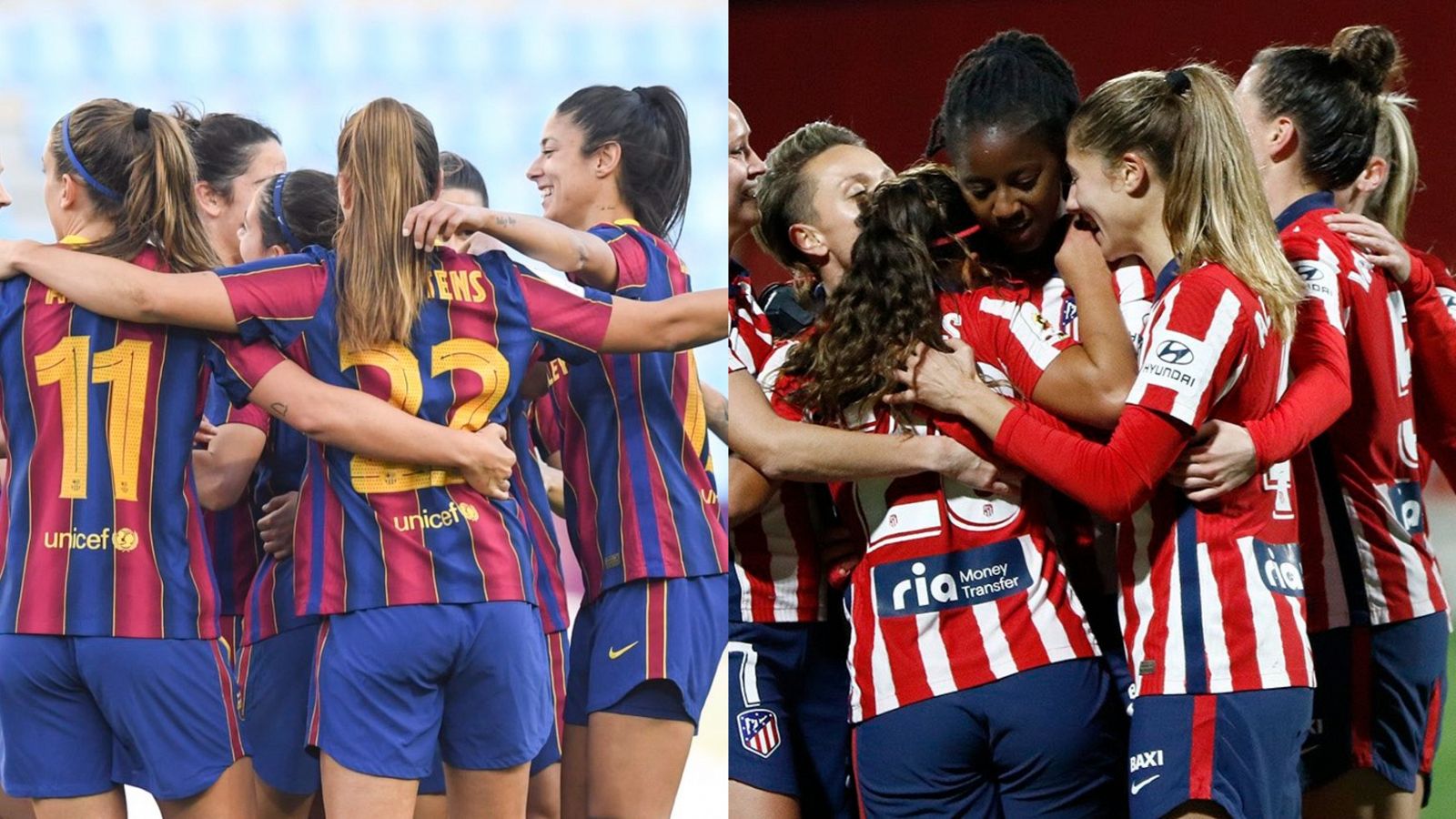 Combo de fotografías: por un lado las jugadoras del FC Barcelona abrazadas y por otro las del Atlético Femenino