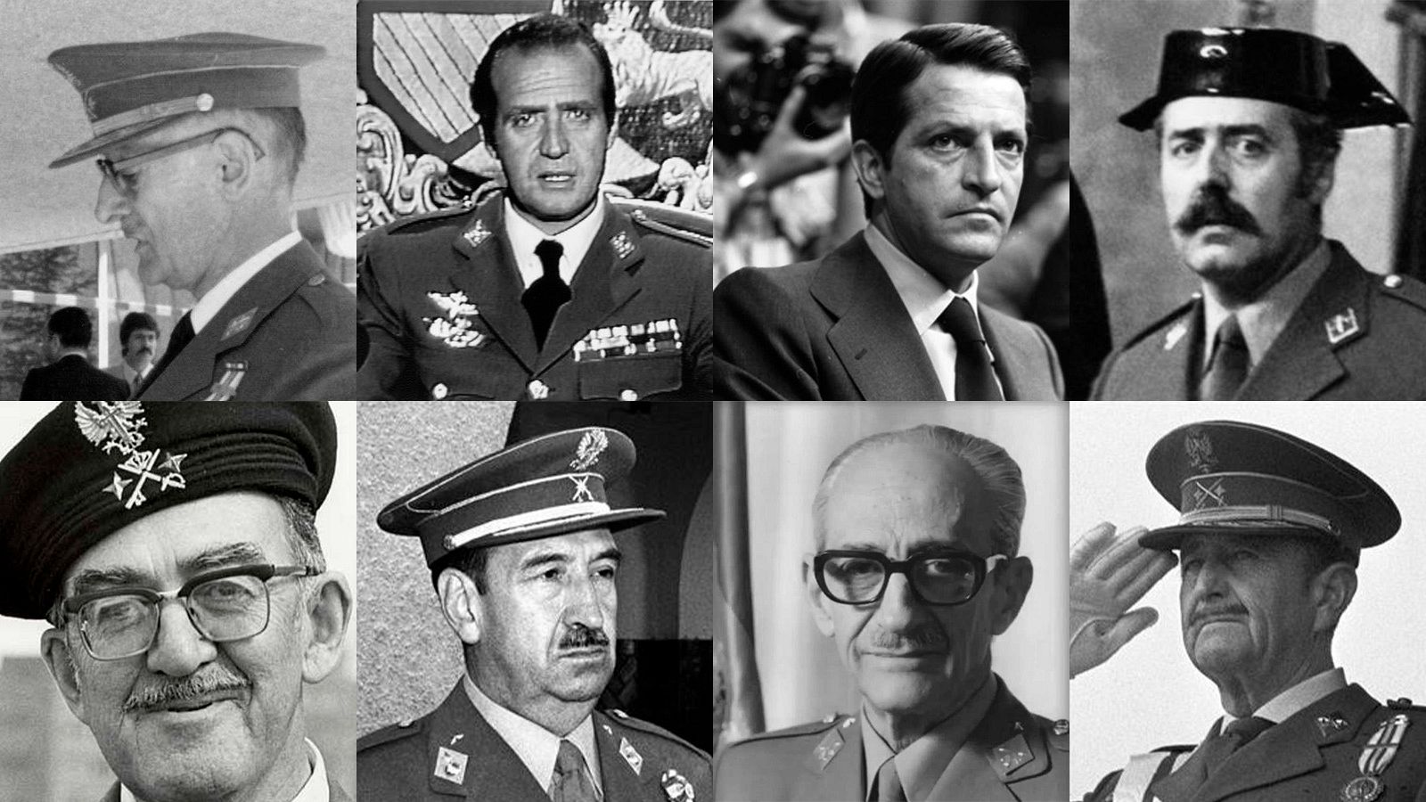 Los protagonistas del 23F: Quintana Lacaci, Juan Carlos I, Adolfo Suárez, Antonio Tejero, José Juste, Alfonso Armada, Gutiérrez Mellado y Milans del Bosch