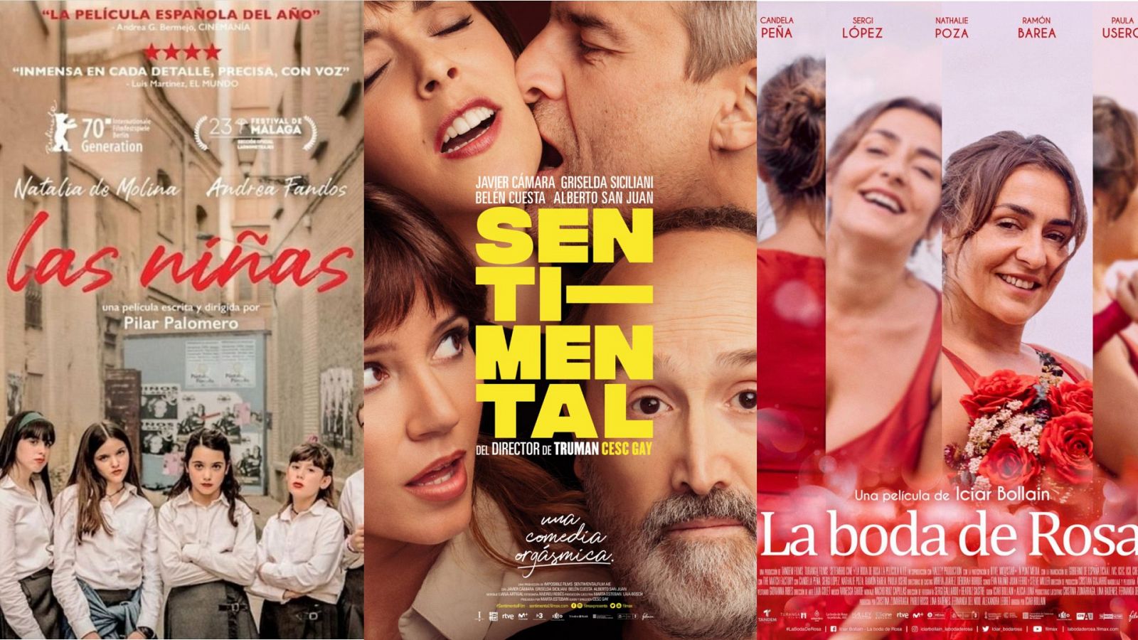 Cartells dels films 'Las niñas', 'Sentiemental' i 'La boda de Rosa'