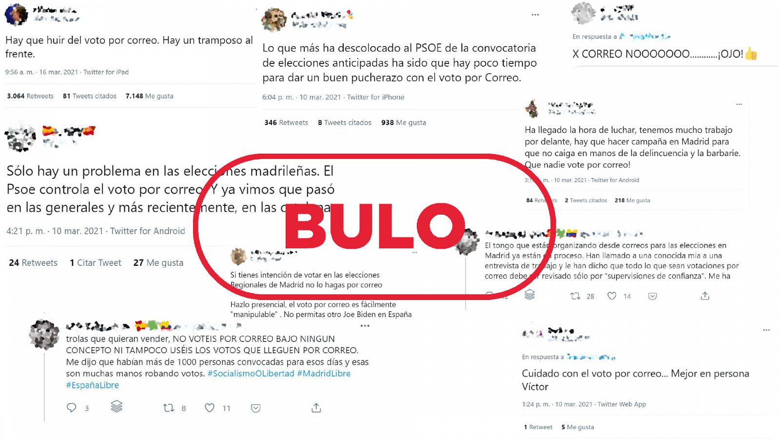 Capturas de pantalla de diversos tuits que ponen en duda la fiabilidad del voto por correo, con el sello de Bulo de VerificaRTVE encima