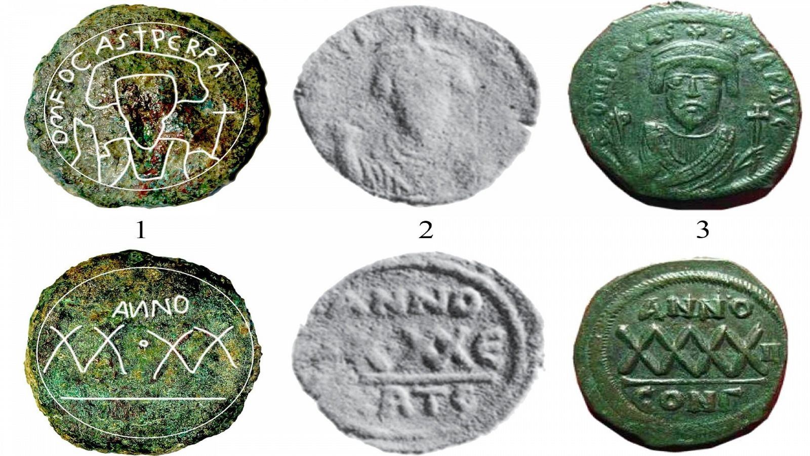 Moneda de la época bizantina de cobre acuñada por el emperador Focas entre el 602 y el 610