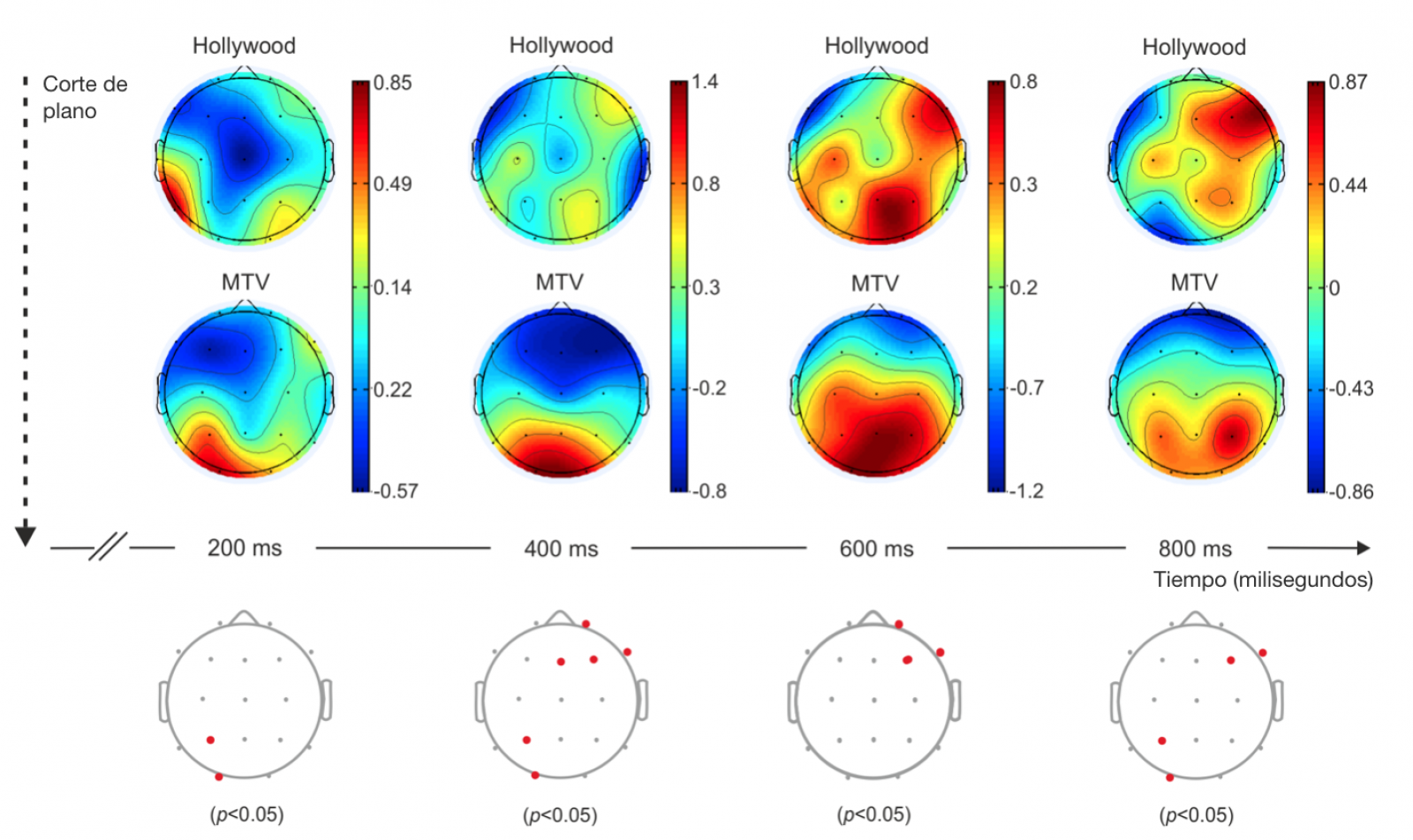 Mapas topográficos de la media de actividad cerebral después del corte de plano, según estilos de montaje, la narrativa clásica (Hollywood) y la típica de videoclips (MTV). Se presentan cuatro momentos después del corte de plano: 200 milisegundos (ms), 400 ms, 600 ms y 800 ms. En la línea horizontal primera, encontramos los resultados del estilo ordenado y clásico, estilo Hollywood. En la segunda línea horizontal, encontramos los resultados relativos al estilo desorganizado y caótico, como en los video clips, estilo MTV. Las zonas en rojo indican un incremento de actividad mientras que las zonas azuladas un decremento de la misma. En la tercera línea, se presentan con puntos rojos las diferencias estadísticamente significativas encontradas (t-test) entre ambos estilos. Fuente: Instituto RTVE, Andreu-Sánchez C, Martin-Pascual MÁ (2021) Perception of cuts in different editing styles. Profesional de la información, 30:1¿9. https://doi.org/10.3145/epi.2021.mar.06