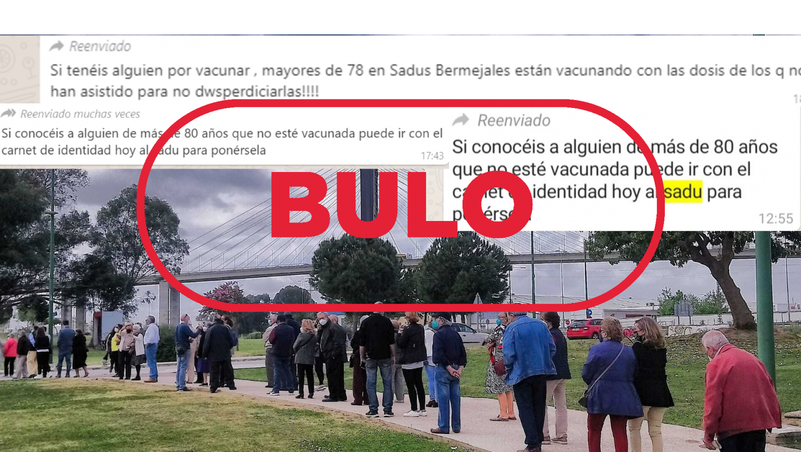 Imagen del bulo de la vacunación sin cita en Los Bermejales