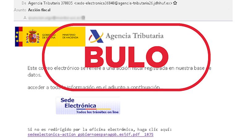 Imagen del correo electrónico que suplanta a la Agencia Tributaria con el sello bulo en rojo de VerificaRTVE