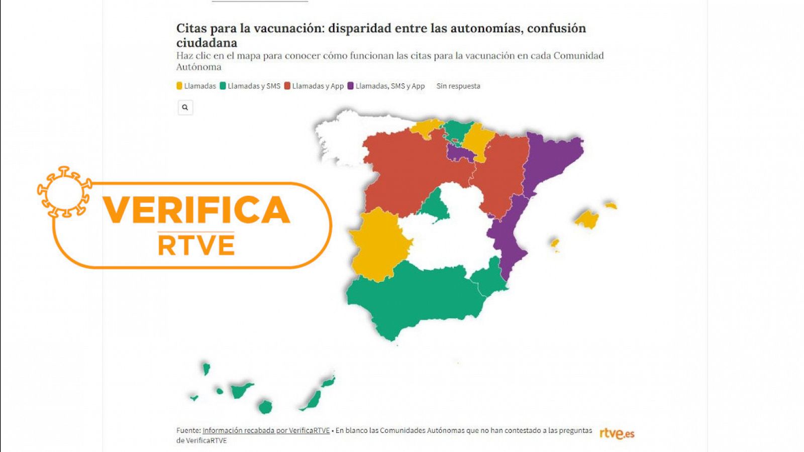 Mapa de España por colores con los tipos de citación para la vacuna contra la COVID-19 con el sello de VerificaRTVE