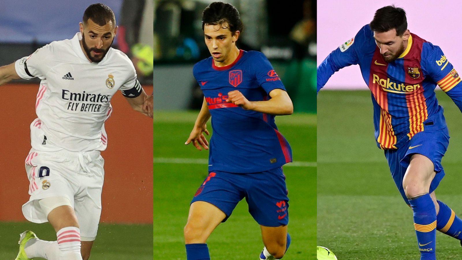 Benzema, Joao Félix y Messi, jugadores de Madrid, Atlético y Barça.