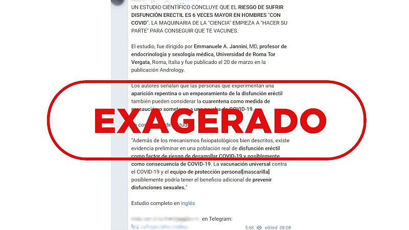 Mensaje de Telegram que dice que hay seis veces más riesgo de disfunción eréctil con COVID-19 con el sello exagerado en rojo de VerificaRTVE