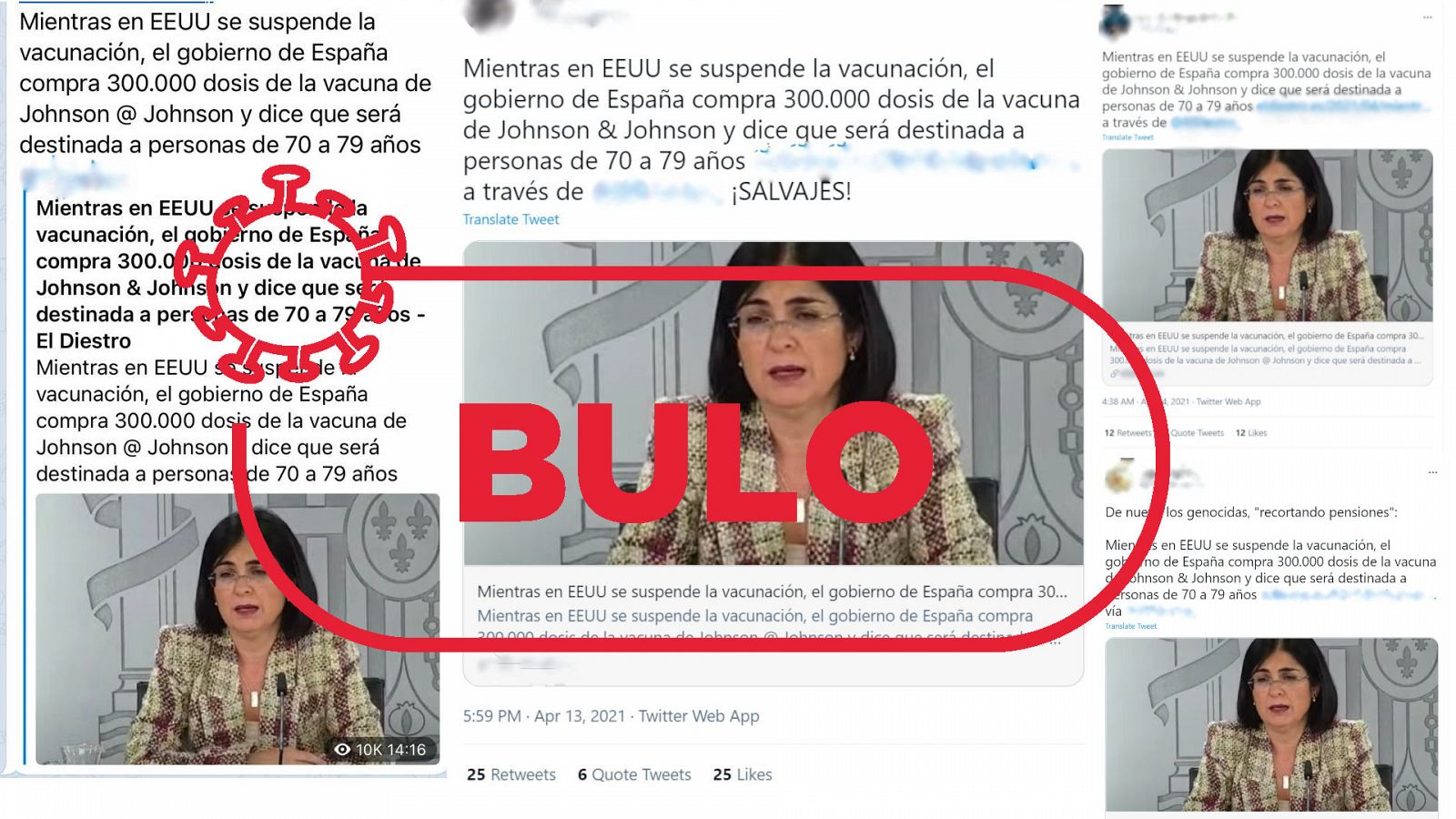 Mensajes de redes que dicen que España ha comprado Janssen cuando ya estaba suspendida en EE.UU. con el sello rojo de bulo de VerificaRTVE