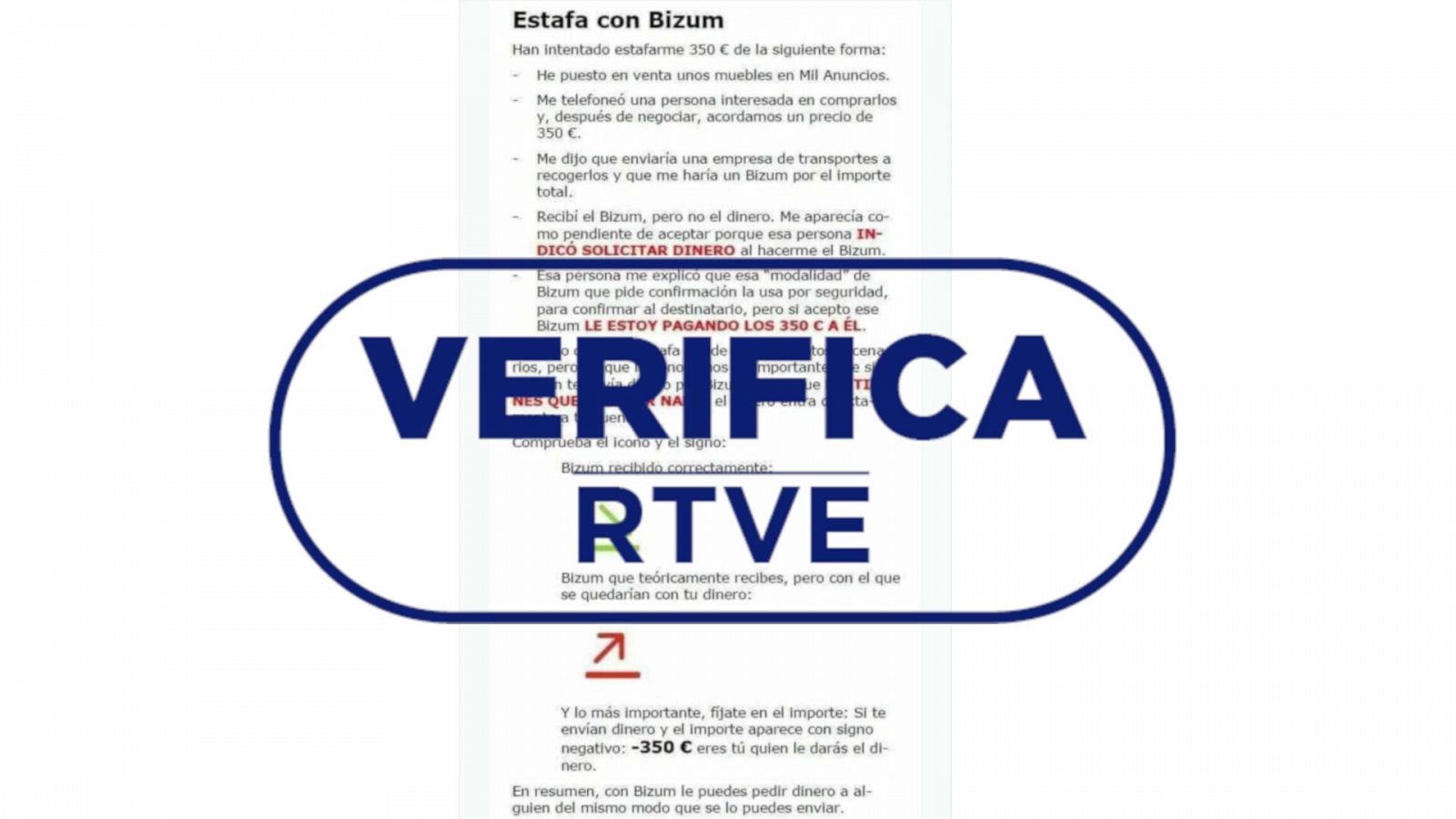 Imagen del mensaje que explica la estafa con Bizum con el sello azul de VerificaRTVE