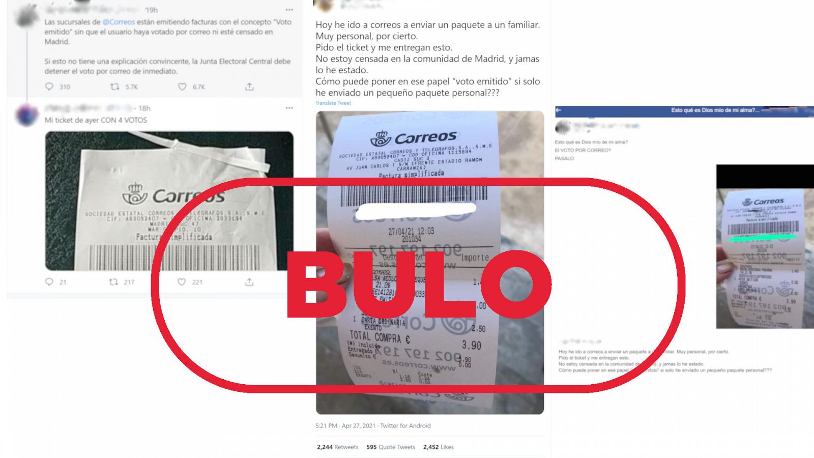 Imagen de los mensajes de redes que muestran tiques de voto por correo con el sello bulo en rojo de VerificaRTVE