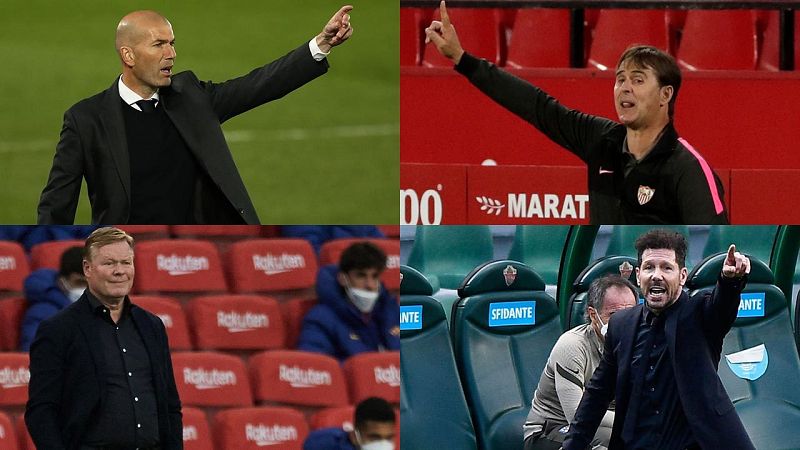 Zinedine Zidane y Julen Lopetegui (arriba); Ronald Koeman y Diego Simeone, cara a cara en la jornada 35.