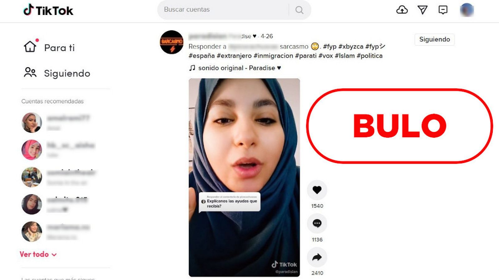 Imagen del vídeo sarcástico publicado por la tiktoker musulmana con el sello de bulo.