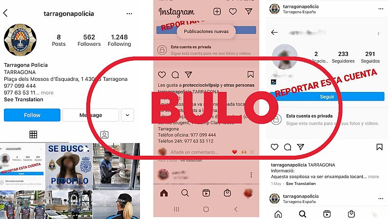 Imágenes de una cuenta de Instagram que se hace pasar por la Policía de Tarragona con el sello bulo en rojo de VerificaRTVE