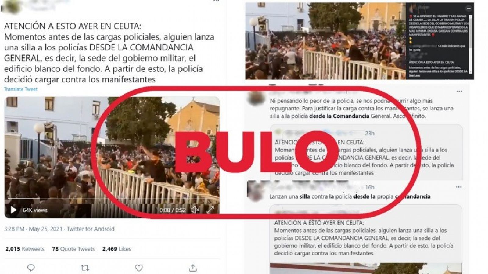 Mensajes de redes que dicen que la silla lanzada contra la Policía fue lanzada desde la Comandancia con el sello bulo en rojo de VerificaRTVE