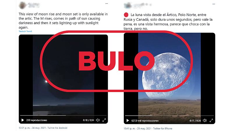 Dos mensajes de Twitter que muestran el vídeo falso de la Luna acercándose a la Tierra con el sello bulo en rojo de VerificaRTVE