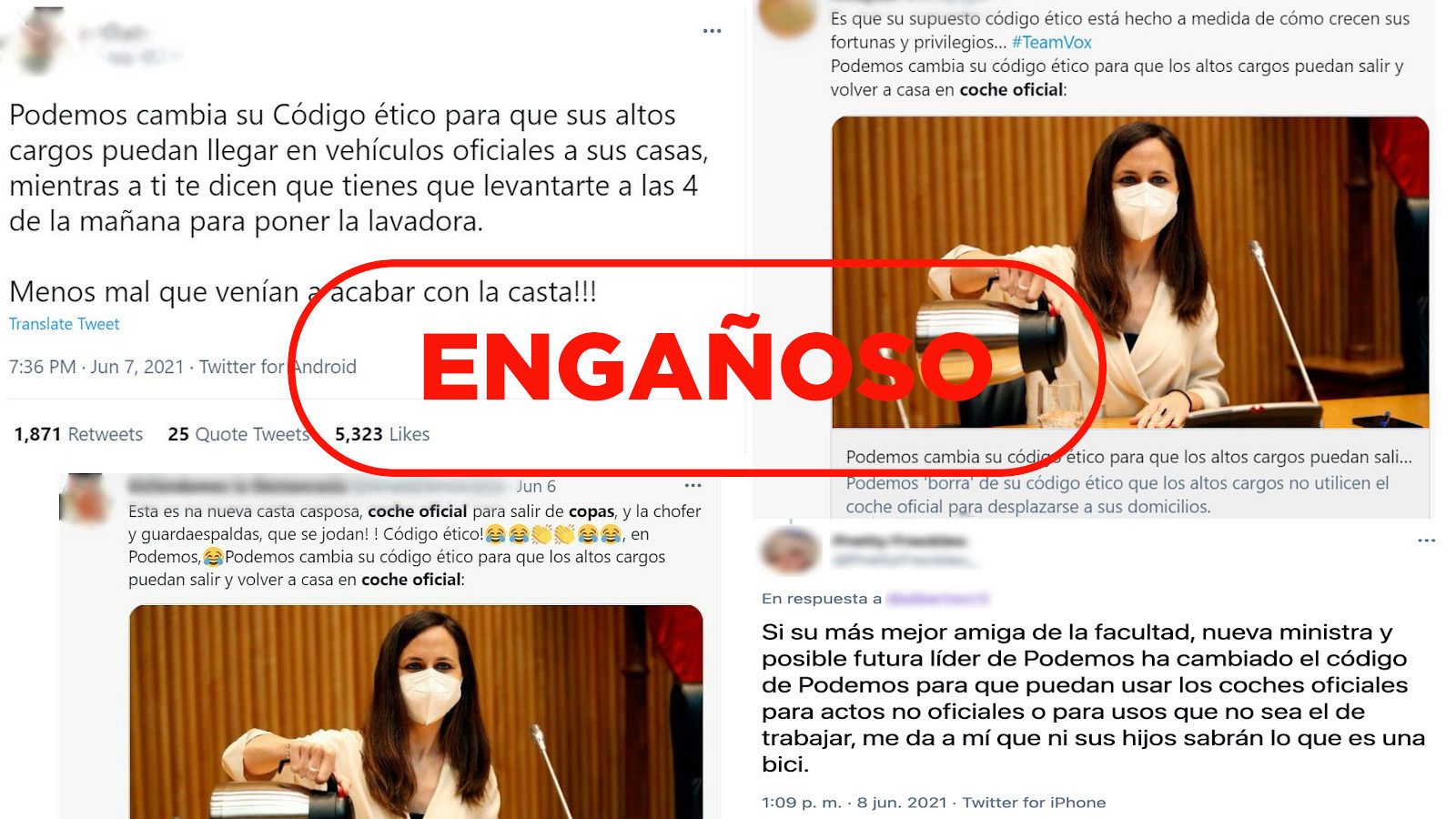 Imágenes de tuits sobre el uso de los coches oficiales por parte de Podemos y el sello de Engañoso.