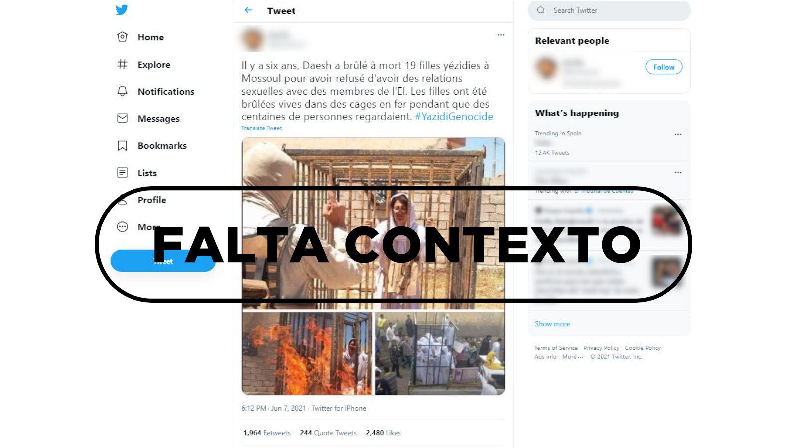 Este tuit con tres fotos de mujeres ardiendo en jaulas son una "performance", con sello de Falta Contexto.