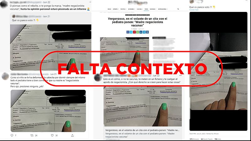 Mensajes de redes y un artículo de Internet sobre el parte médico que menciona a una madre negacionista de vacunas con el sello Falta Contexto de VerificaRTVE