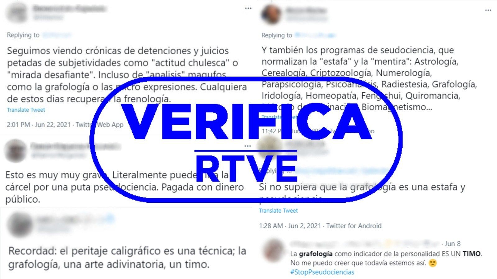 Varias capturas de pantalla de publicaciones de usuarios de Twitter criticando la grafología con el sello de VerificaRTVE.