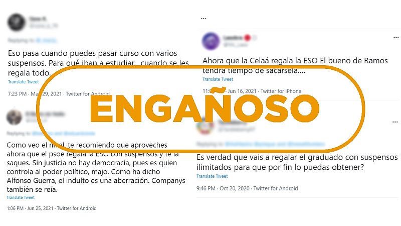 Varias publicaciones de Twitter critican los presuntos 'suspensos ilimitados' en la ESO, con el sello de 'Engañoso'.