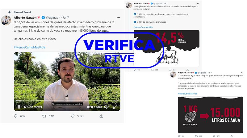 Tres mensajes del hilo de Twitter en el que Garzón aboga por reducir el consumo de carne con el sello azul de VerificaRTVE