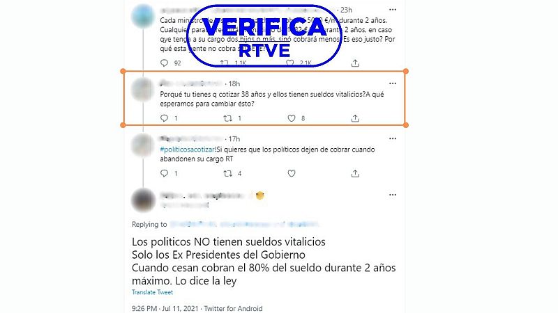 Mensajes de Twitter de reproducen el bulo de que los altos cargos tienen sueldos vitalicios con el sello azul de VerificaRTVE