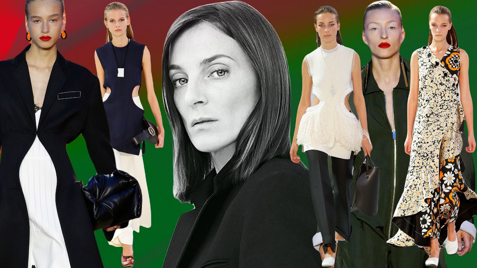 Phoebe Philo rodeada por algunos de sus diseños