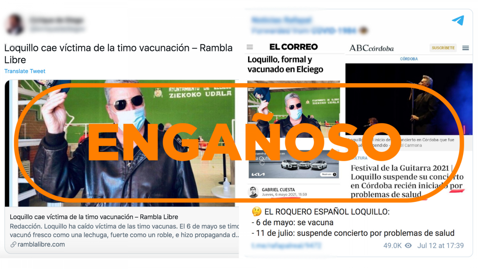 Imagen de mensajes engañosos que vinculan la suspensión del concierto de Loquillo con su vacunación con el sello engañoso en color naranja de VerificaRTVE