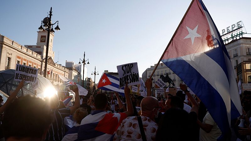 Manifestantes contra el Gobierno cubano el pasado lunes en Madrid