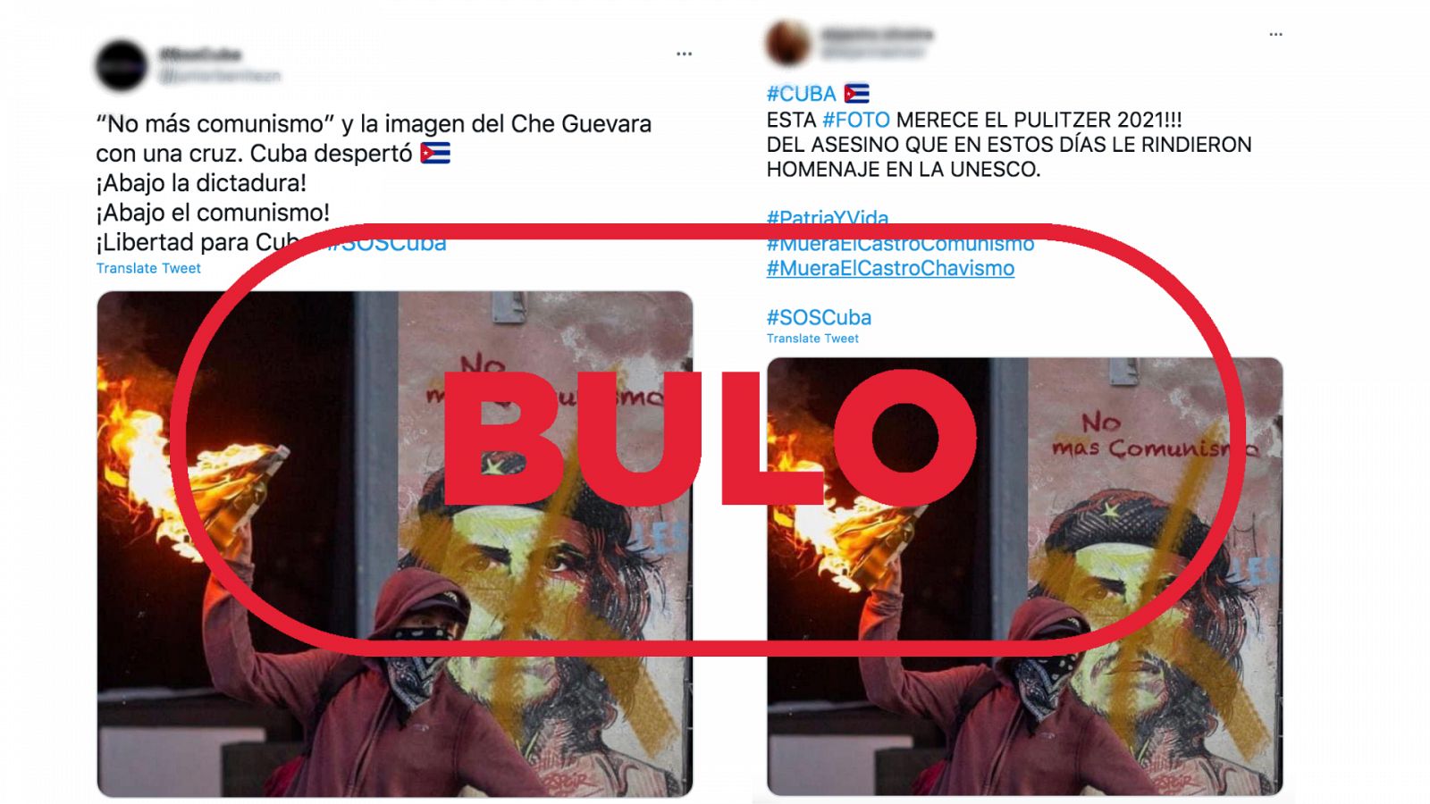 Varios tuits muestran un montaje fotografico de un joven con una bomba ante un mural del Che y el sello de Bulo de VerificaRTVE