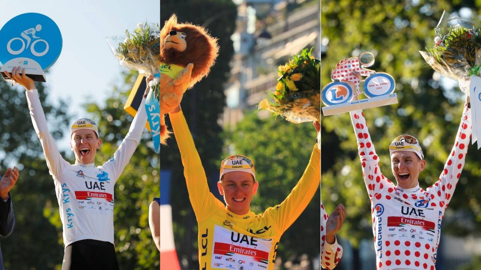 Tadej Pogacar terminó el Tour de Francia como portador del maillot blanco, el amarillo y el de lunares