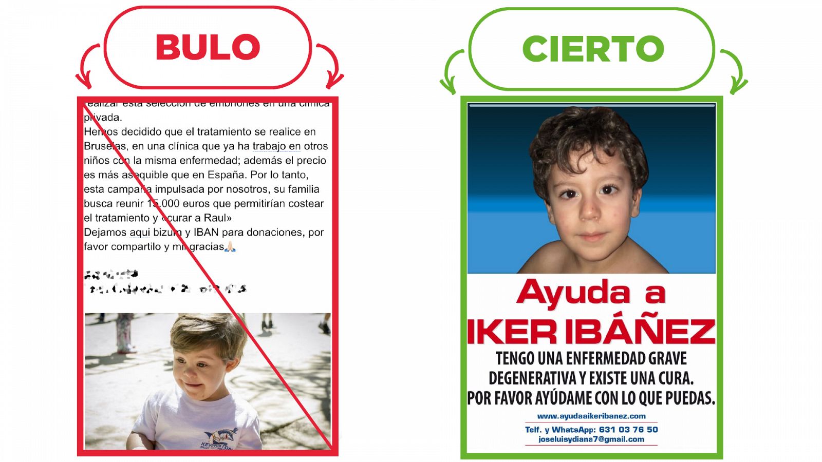 A la izquierda, el mensaje que sobre el falso caso de Raúl, en rojo y tachado, con el sello Bulo. A la derecha, el caso real del niño Iker Ibáñez, con el sello Cierto.