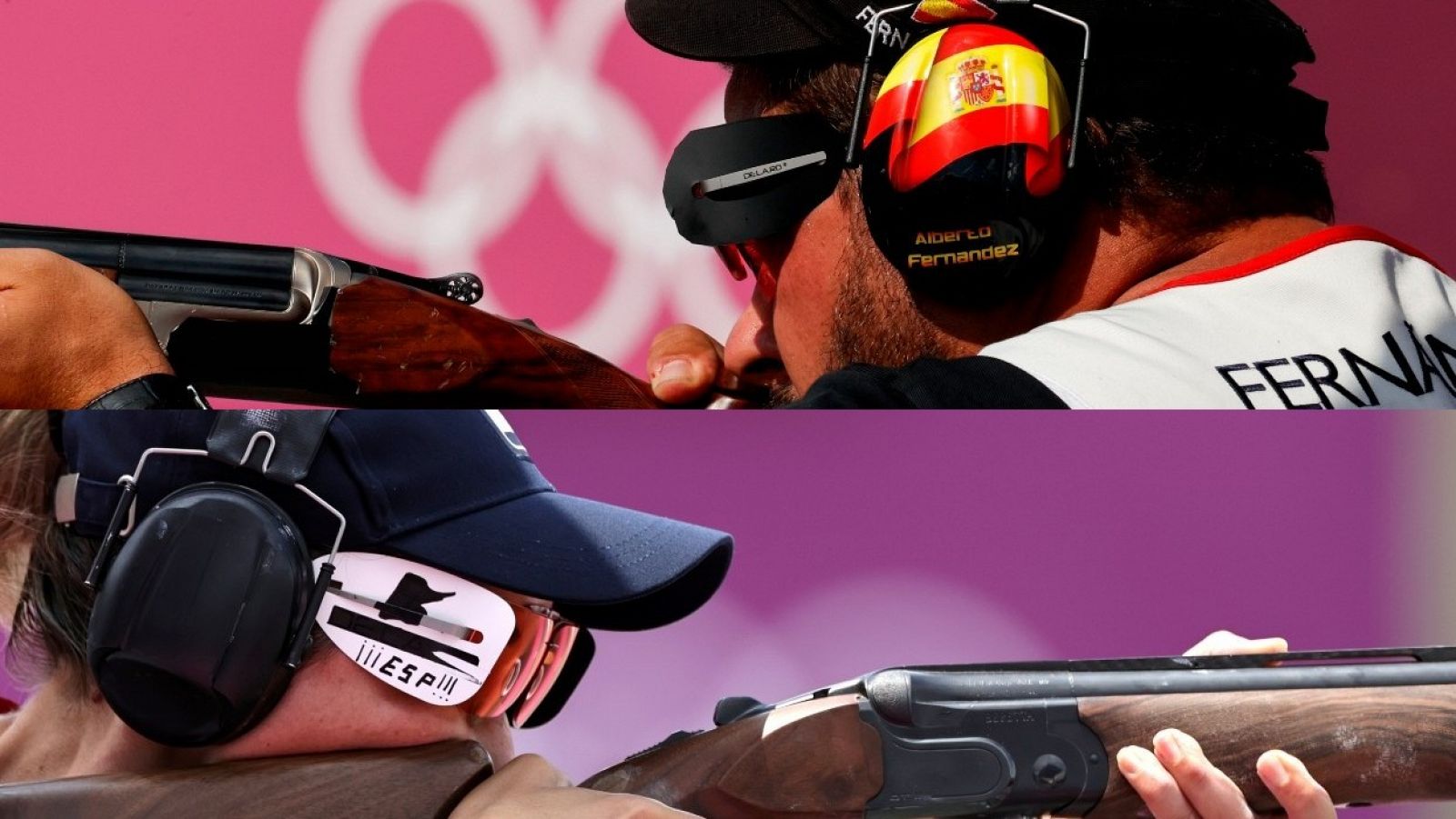 Los tiradores españoles Alberto Fernández y Fátima Gálvez durante la clasificación de foso en Tokyo 2020.