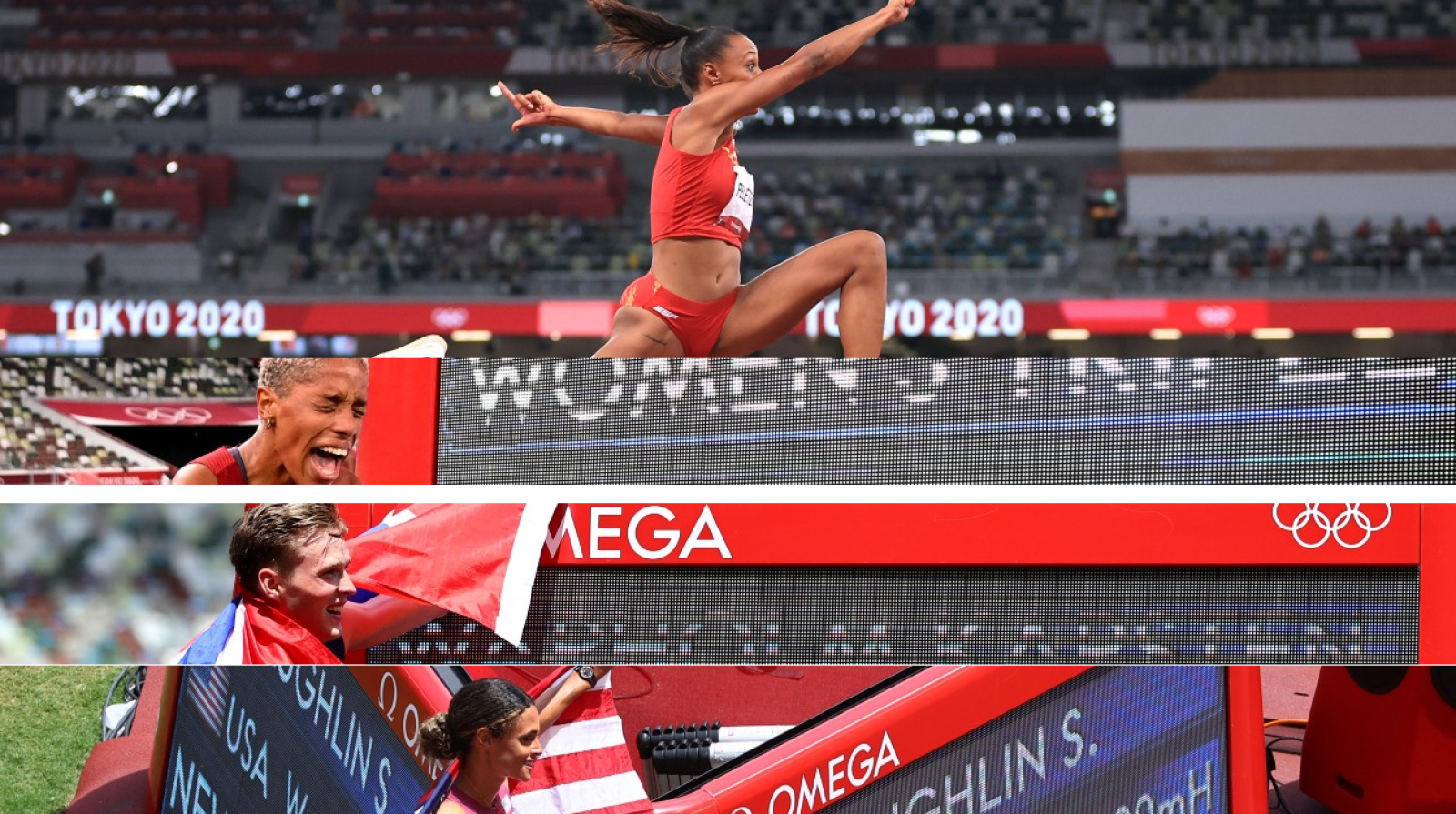 Ana Peleteiro, Yulimar Rojas, Karsten Warholm y Sydeney McLaughlin durante los Juegos Olímpicos de Tokyo 2020.