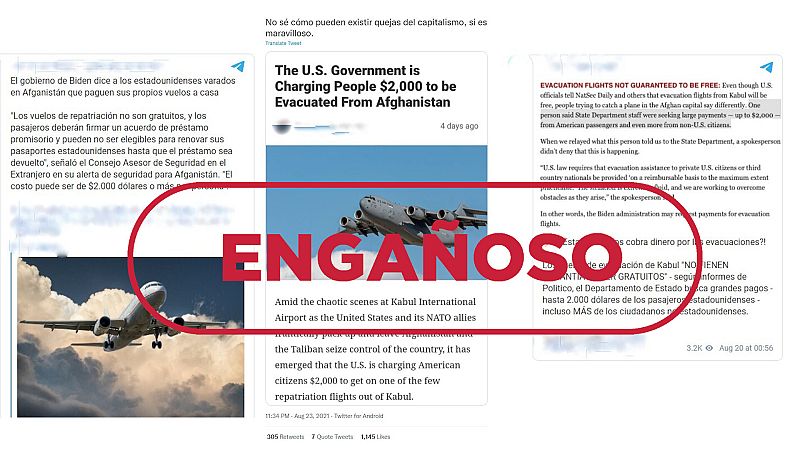 Mensajes de redes que dicen que Estados Unidos cobrará 2.000 euros a cada persona evacuada de Afganistán con el sello engañoso en rojo de VerificaRTVE