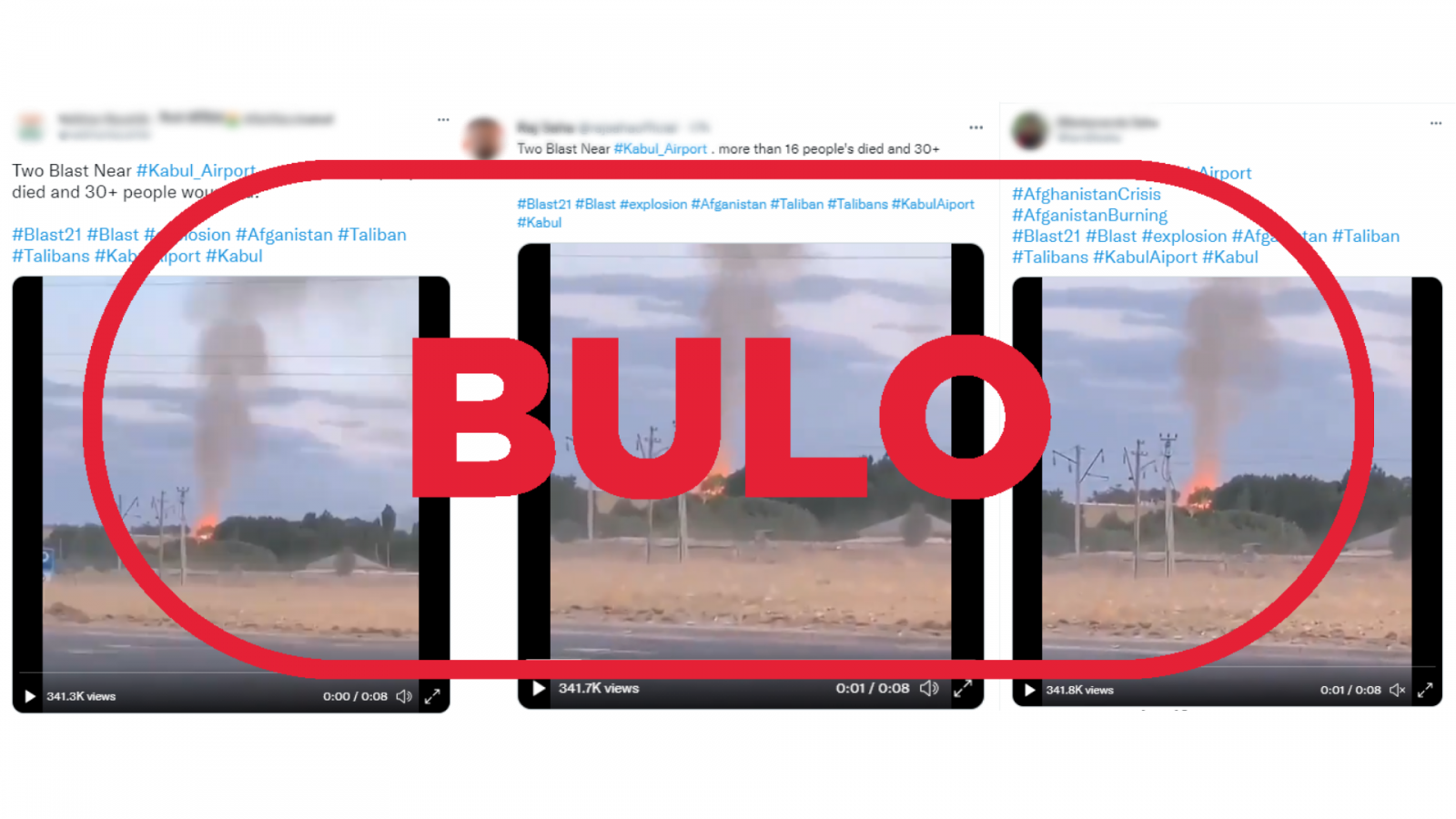 Mensajes de Twitter que presentan el vídeo de la explosión como si fuera en Kabul con el sello bulo en rojo de VerificaRTVE