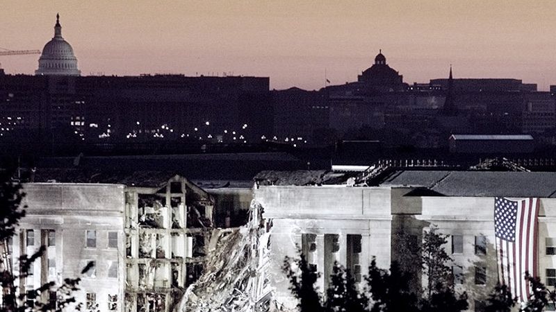 La zona del edificio del Pentágono dañada por el ataque terrorista del 11-S, en Washington, en la mañana del 16 de septiembre de 2001.