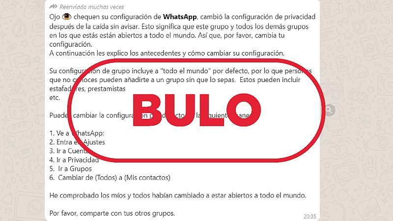 Mensaje que ha llegado a VerificaRTVE sobre el falso cambio de configuración de privacidad en los grupos de WhatsApp