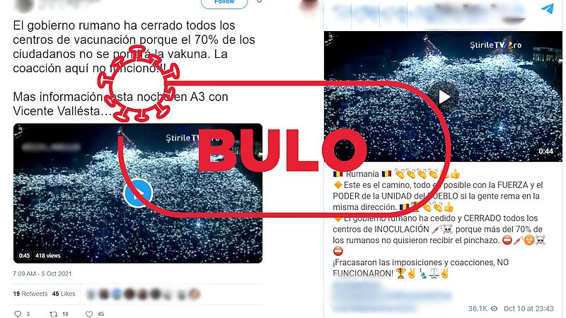Mensajes de redes de redes que presentan una manifestación de 2017 en Rumanía como una marcha contra las vacunas, con el sello bulo en rojo de VerificaRTVE