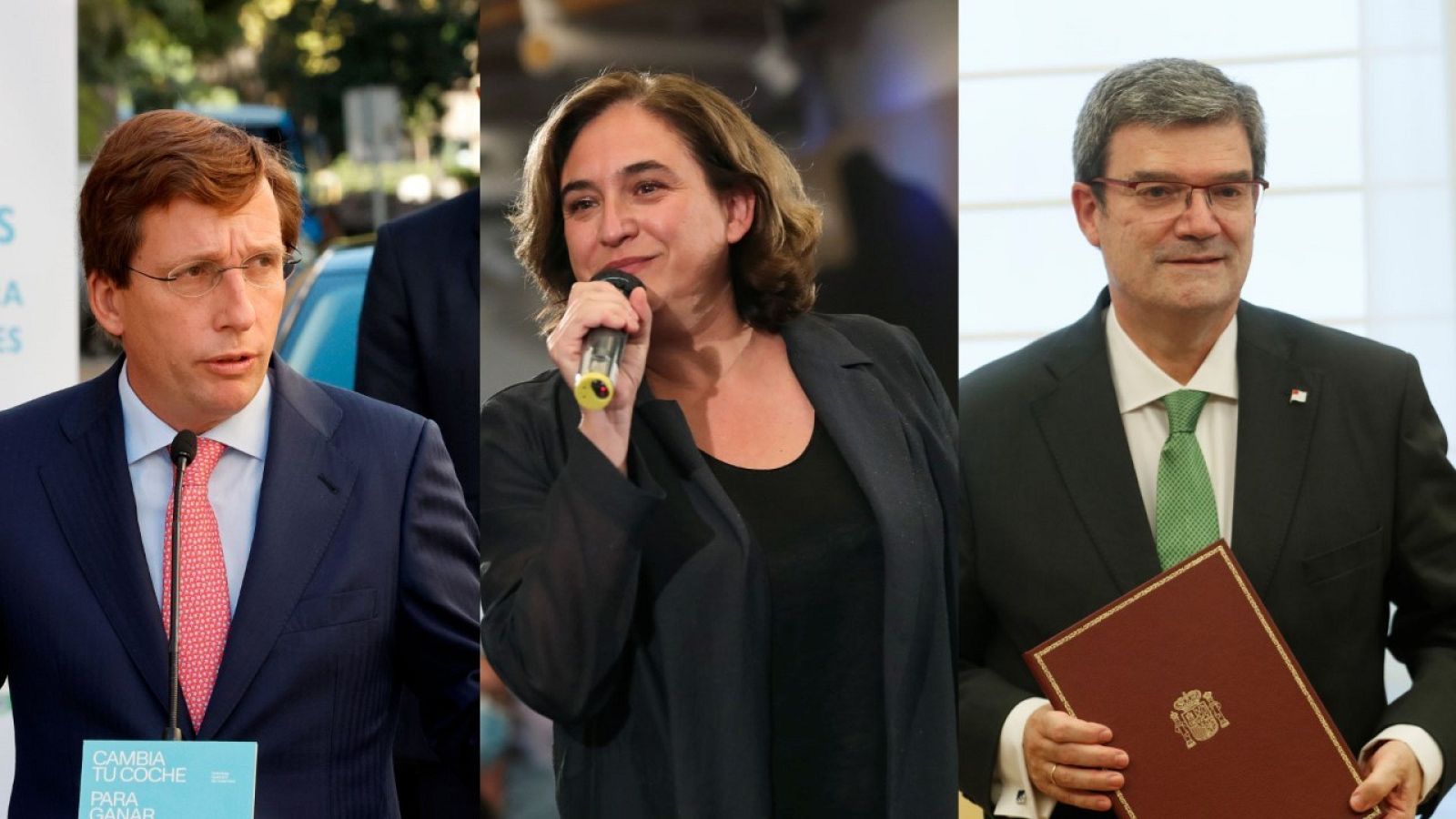 Fotomontaje de José Luis Martínez-Almeida, Ada Colau y Juan Mari Aburto