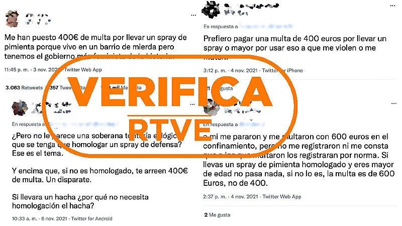 Mensaje de Twitter de una usuaria que denuncia que le han multado por llevar un espray de defensa personal y varios mensajes de respuesta, con el sello naranja de VerificaRTVE