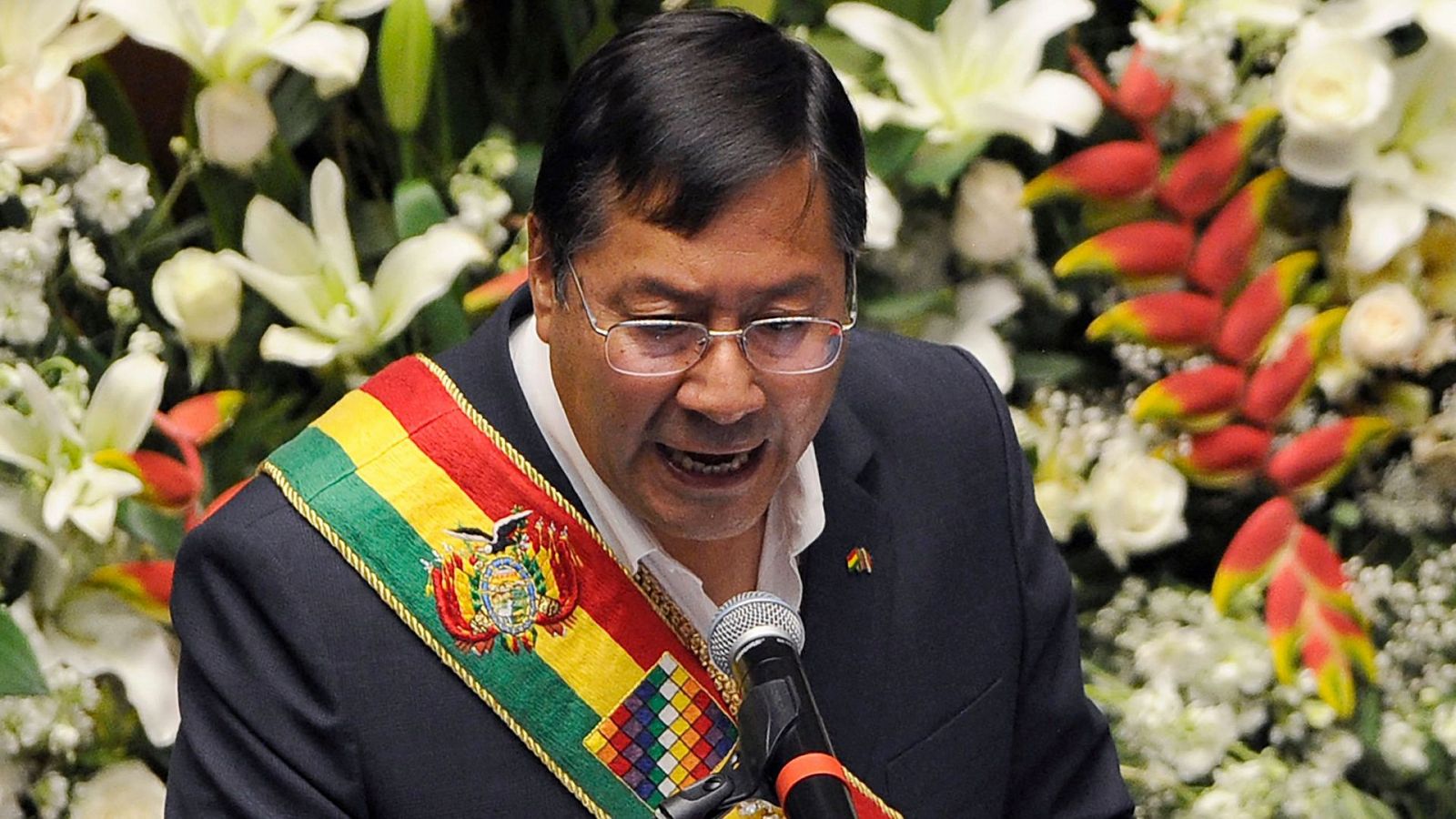 El presidente de Bolivia, Luis Arce, pronuncia un discurso durante un acto para conmemorar su primer año de mandato