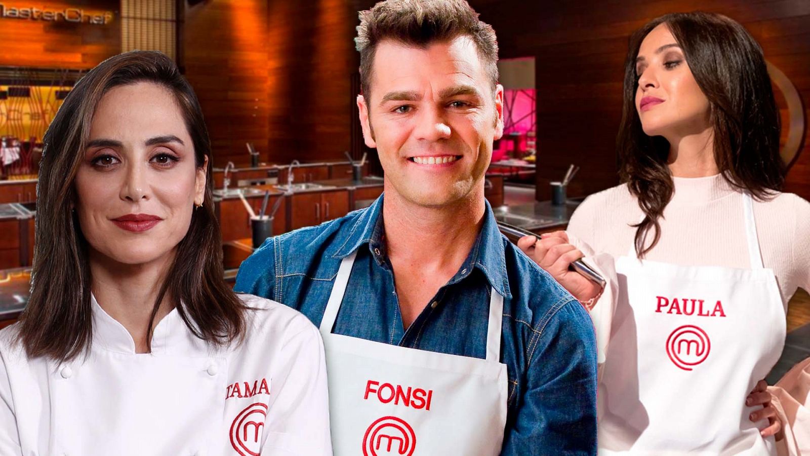 Tamara Falcó, Paula Prendes y Fonsi Nieto con sus delantales de MasterChef en un montaje sobre un fondó con el plató del programa