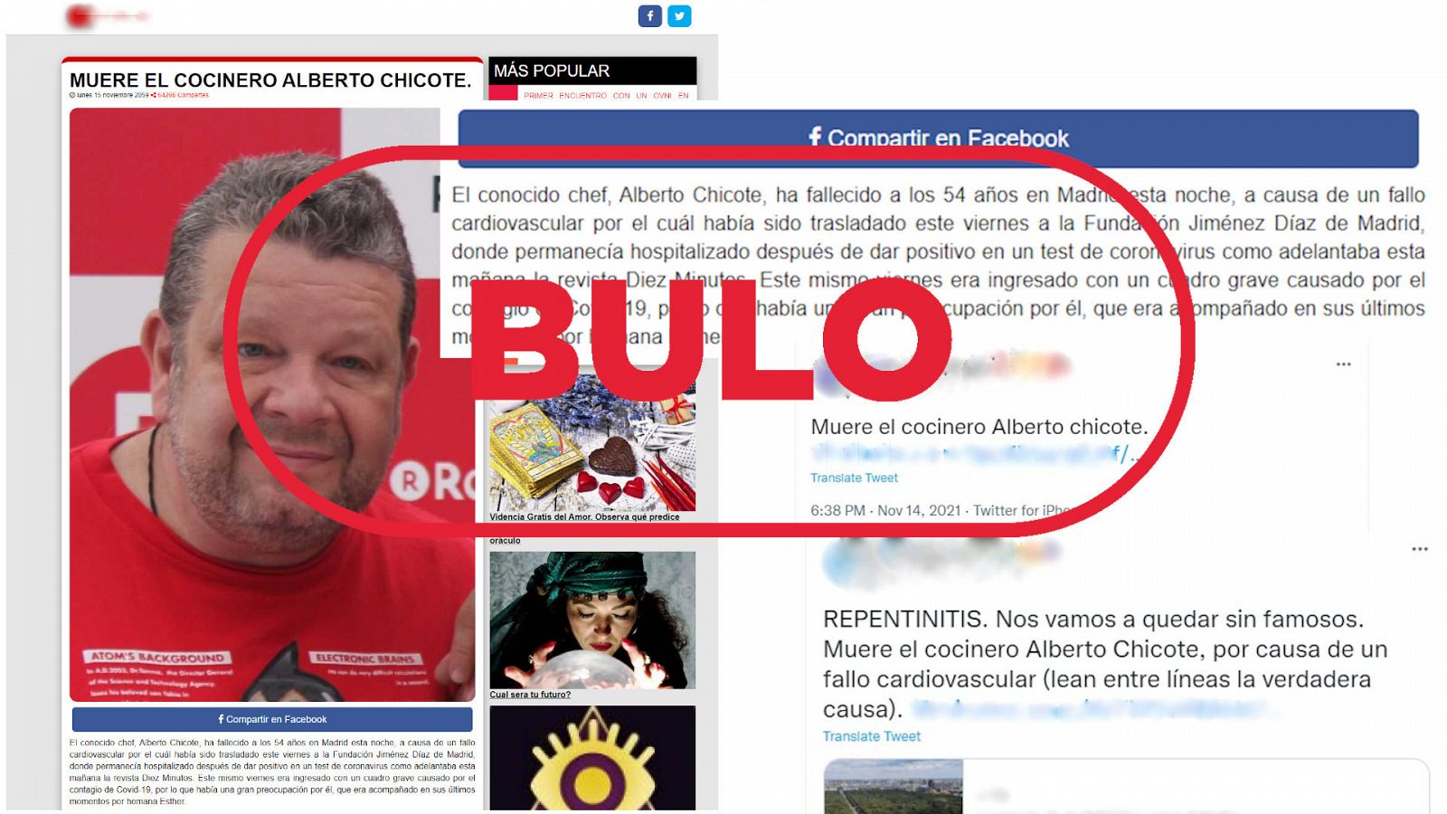 La página web que publica el bulo de que Alberto Chicote ha muerto y dos tuits que reproducen ese mensaje falso, con el sello bulo en rojo de VerificaRTVE