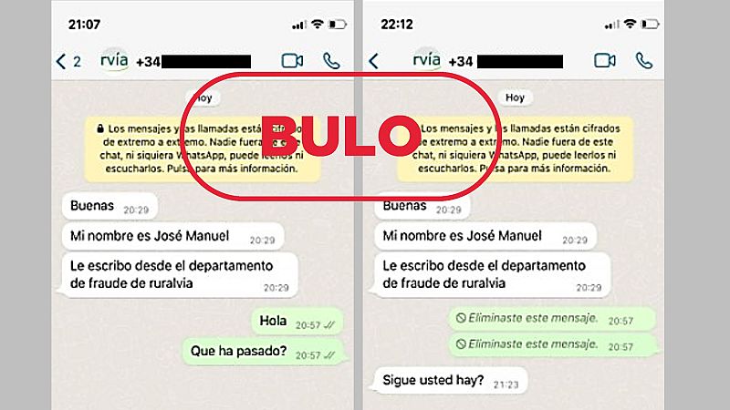 Mensajes de WhatsApp de un intento de phishing con texto de BULO