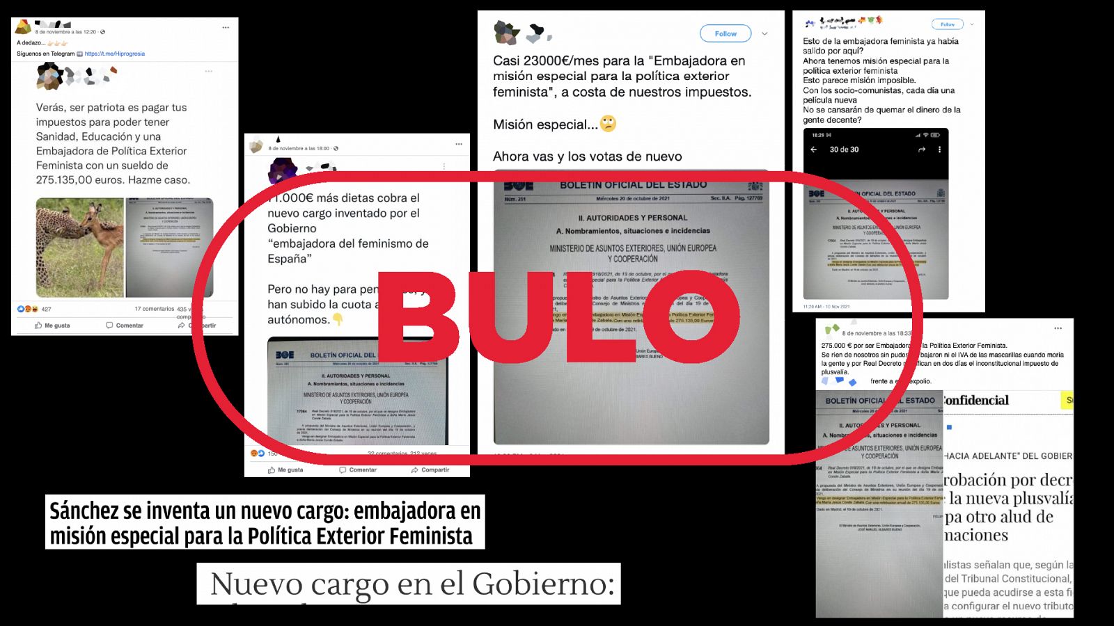 Varios mensajes y titulares con afirmaciones falsas sobre el sueldo y la novedad del nombramiento de la Embajadora